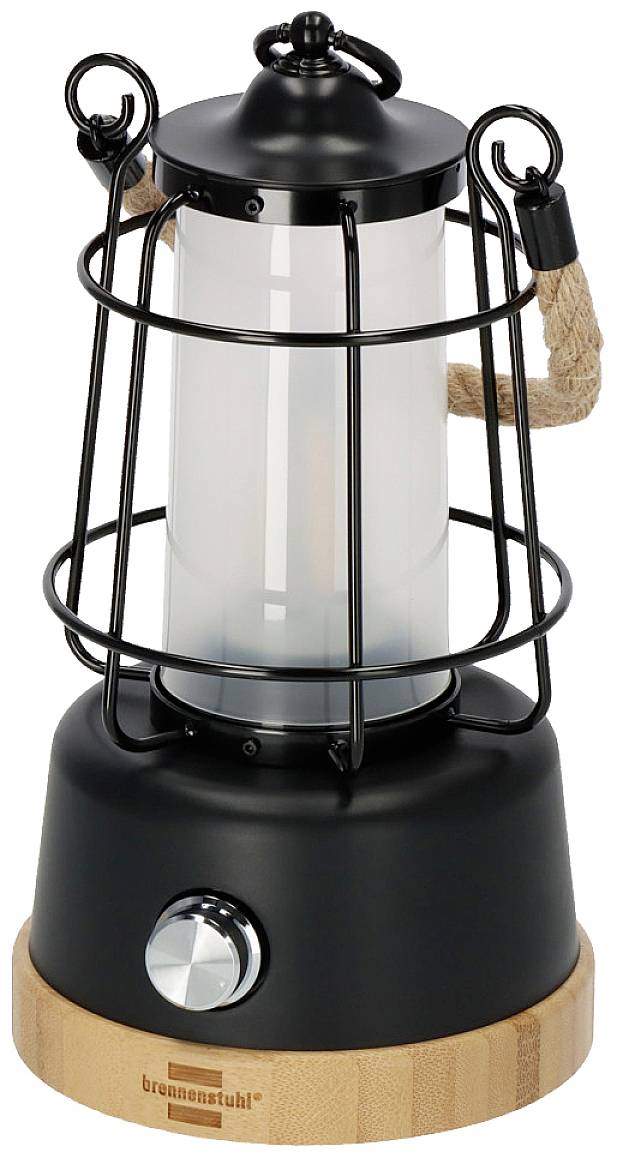 Une lanterne de table noire avec une cage en métal et une poignée en corde, montée sur un socle en bois. Bouton rotatif pour régler la luminosité.