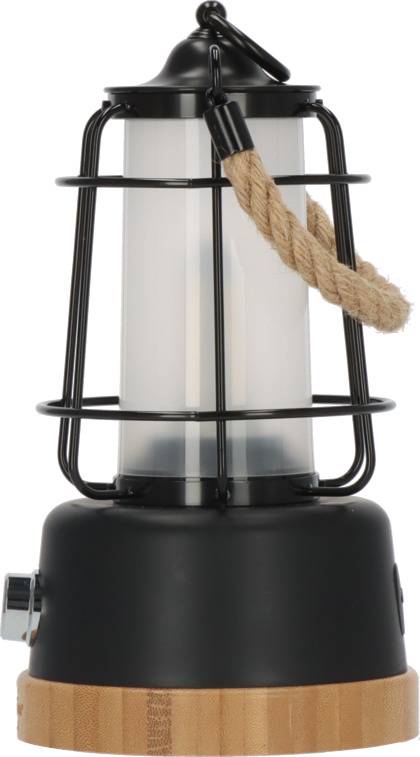 Lanterne noire portable avec grille métallique et poignée en corde, posée sur un sol en bois. Idéale pour une utilisation en extérieur.