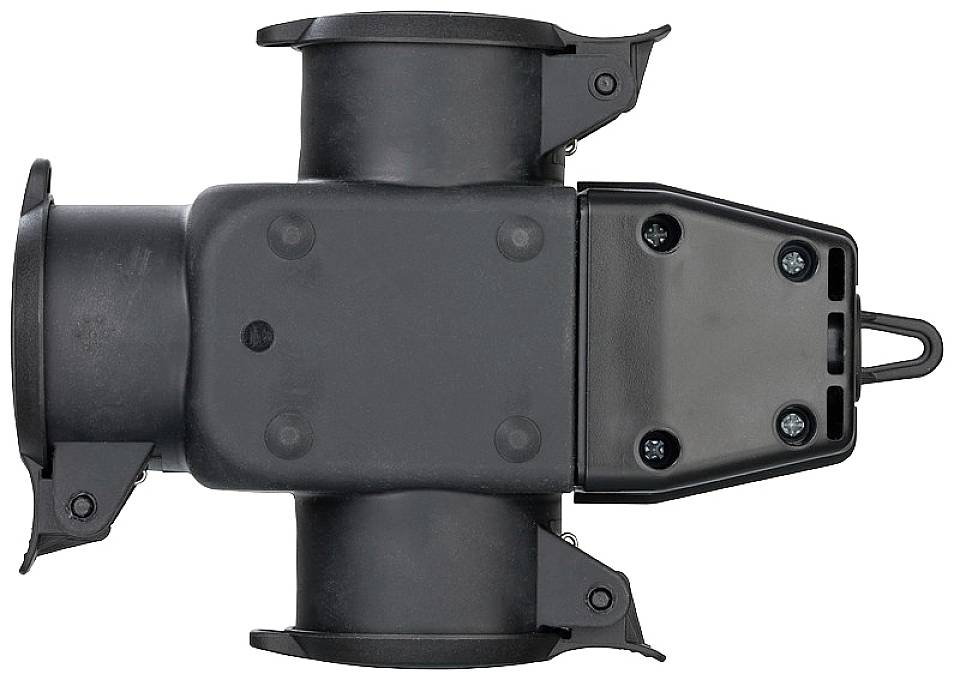 Adaptateur électrique noir avec deux connecteurs femelles et un connecteur mâle, adapté pour une utilisation dans les camping-cars ou les caravanes.