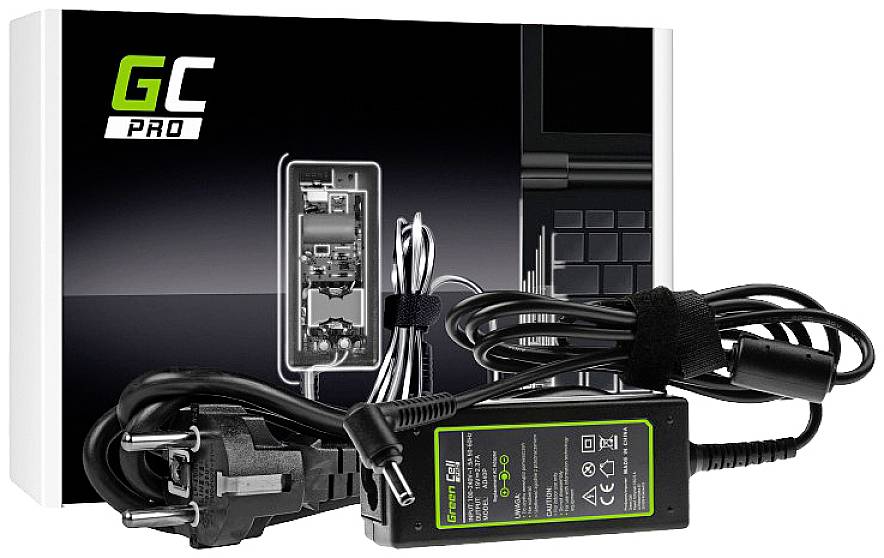 Adaptateur secteur et câble d'alimentation pour ordinateur portable devant un emballage présentant le design du produit et ses caractéristiques techniques.