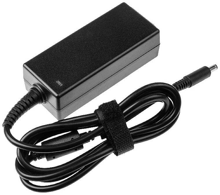 Un chargeur noir avec câble d'alimentation et fiche, souvent utilisé pour les ordinateurs portables, sur un fond blanc.