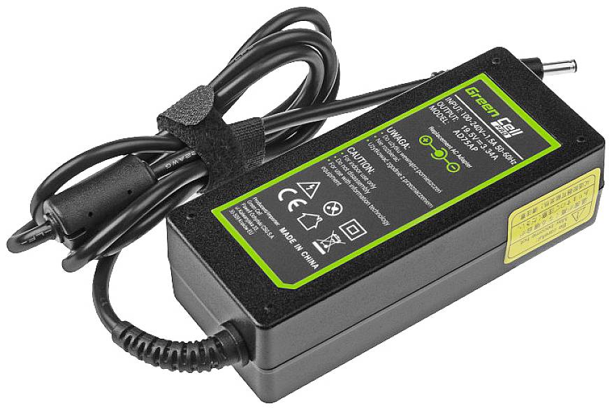 Bloc d'alimentation noir pour ordinateur portable avec câble secteur. Marquage vert indiquant les spécifications : 19V, 3,42A, 65W. Symboles de sécurité et d'avertissement imprimés.