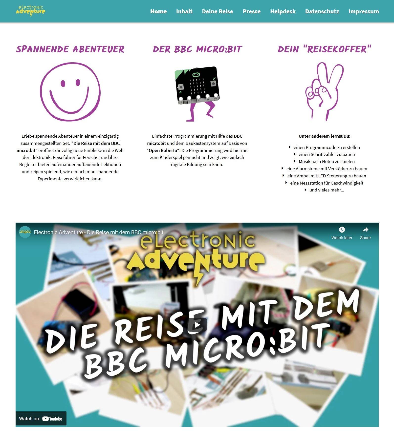 Un site web sur 'Electronic Adventure' avec le BBC micro:bit présente des symboles et des descriptions d'aventures passionnantes et de programmation. Il comprend notamment une vidéo intitulée 'Le voyage avec le BBC micro:bit'.