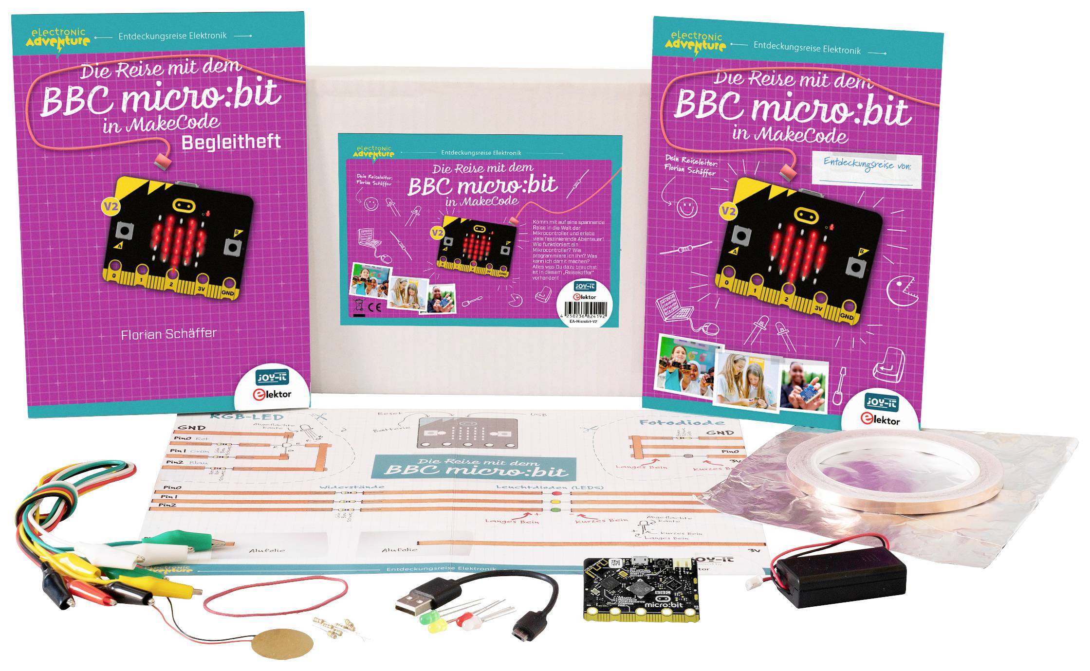 L'image présente le kit 'BBC micro:bit' accompagné d'un manuel, d'une carte de référence de code et d'accessoires. Idéal pour des projets éducatifs en électronique et en programmation.