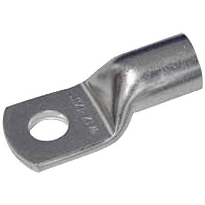 Cosse de câble métallique avec un trou rond pour fixation, adaptée aux connexions électriques. Couleur argent, design légèrement incurvé.