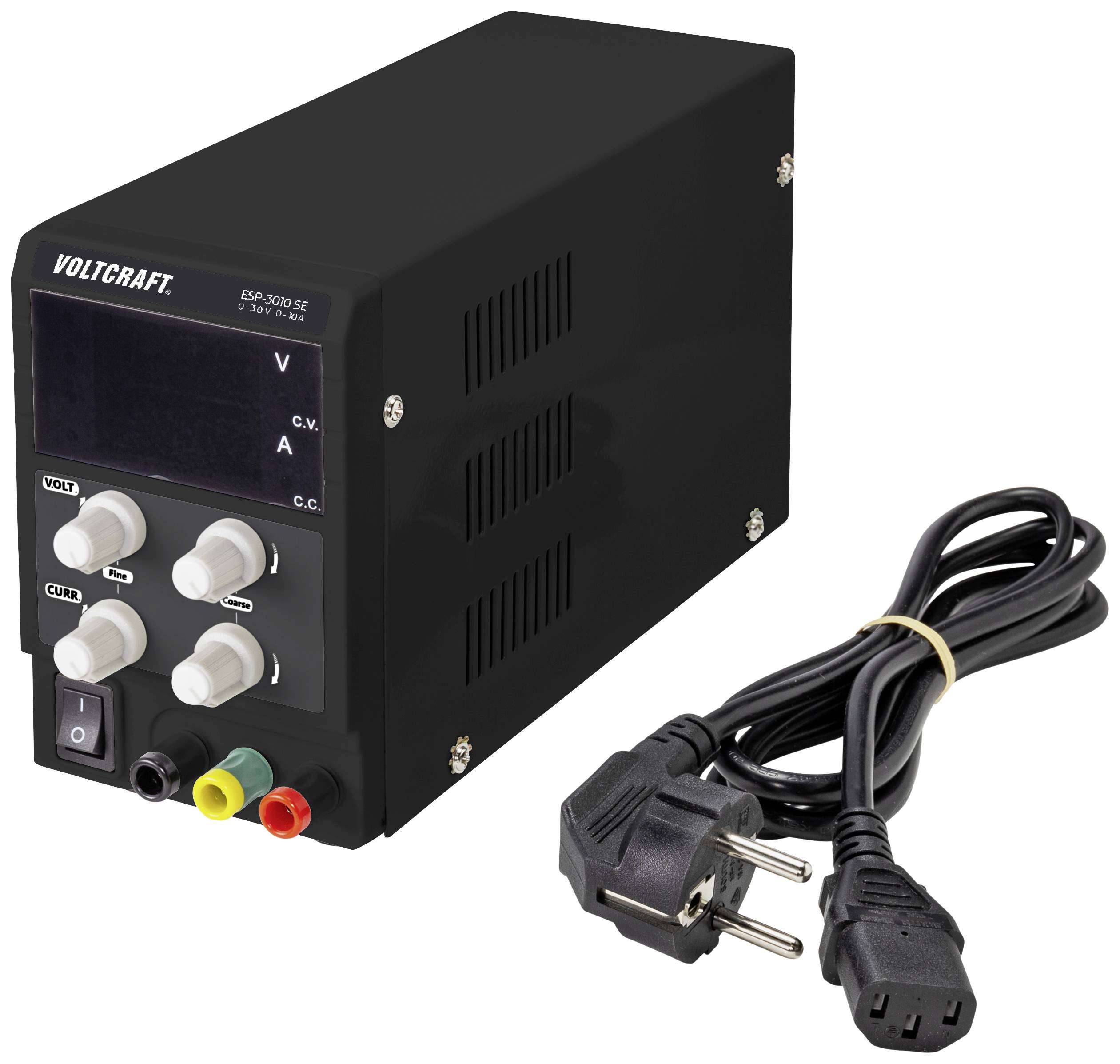 Alimentation de laboratoire Voltcraft noire avec quatre boutons rotatifs pour le réglage de la tension et câbles électriques, adaptée aux mesures électriques.