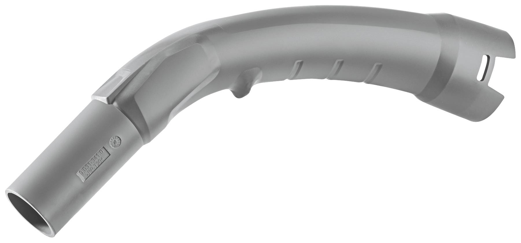 Poignée grise et courbée pour aspirateur, avec zone de préhension texturée et une pièce de raccordement pour le tube d'aspiration.