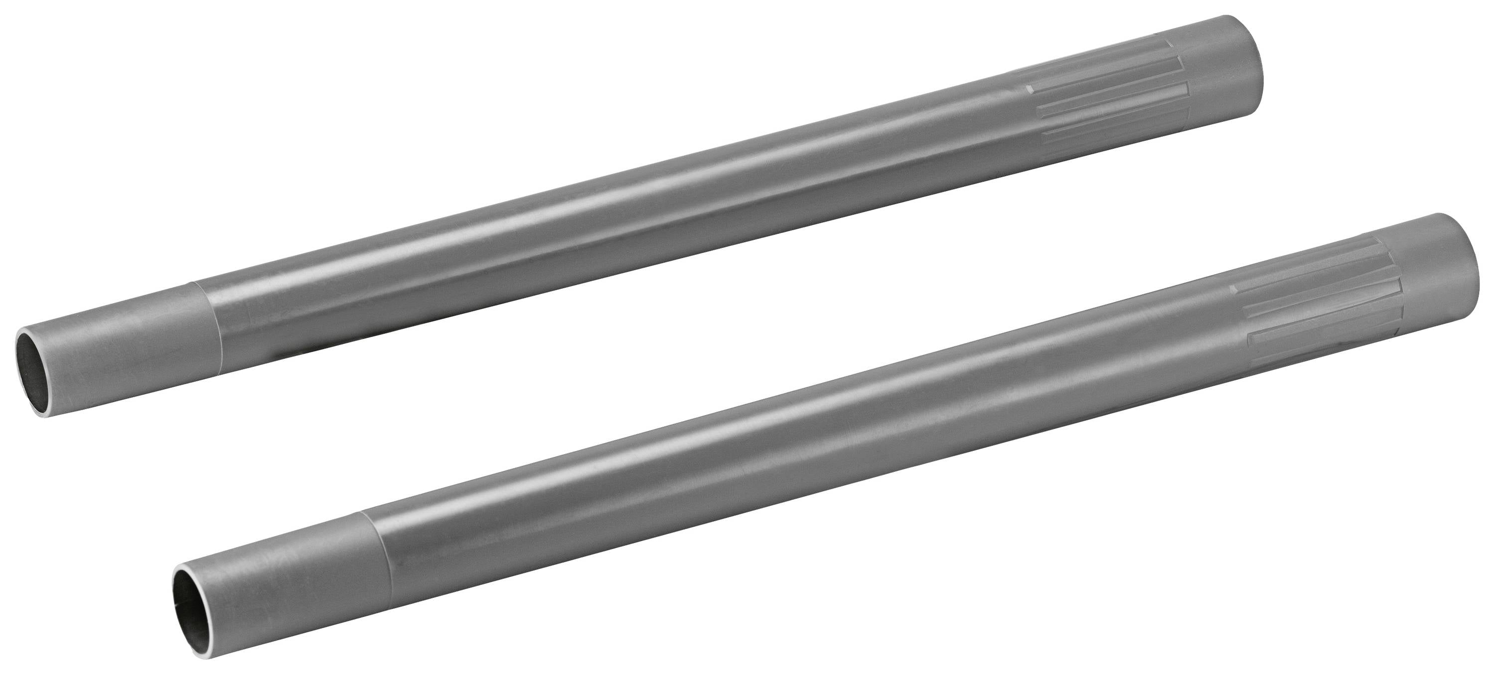 Deux tubes cylindriques gris côte à côte sur un fond blanc.