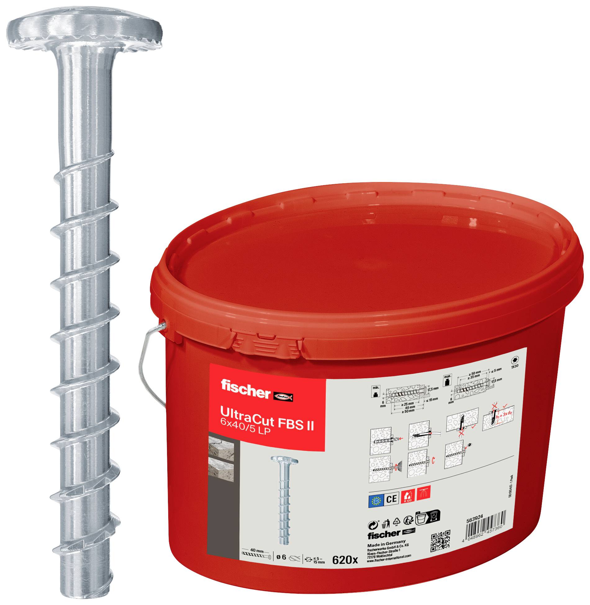 Un seau rouge de Fischer contenant 620 vis UltraCut FBS II, taille 6x40/5. Adapté pour les fixations en béton, avec un filetage spiralé.