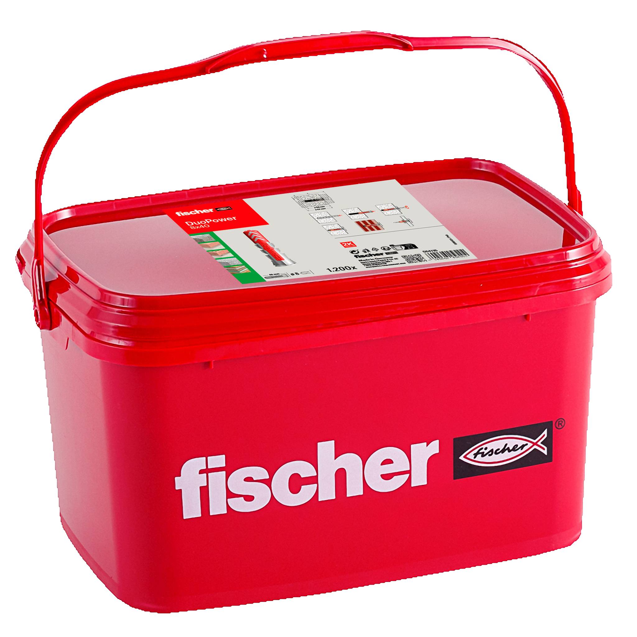 Seau de rangement Fischer en plastique rouge avec couvercle et poignée de transport, présenté sur un fond blanc.