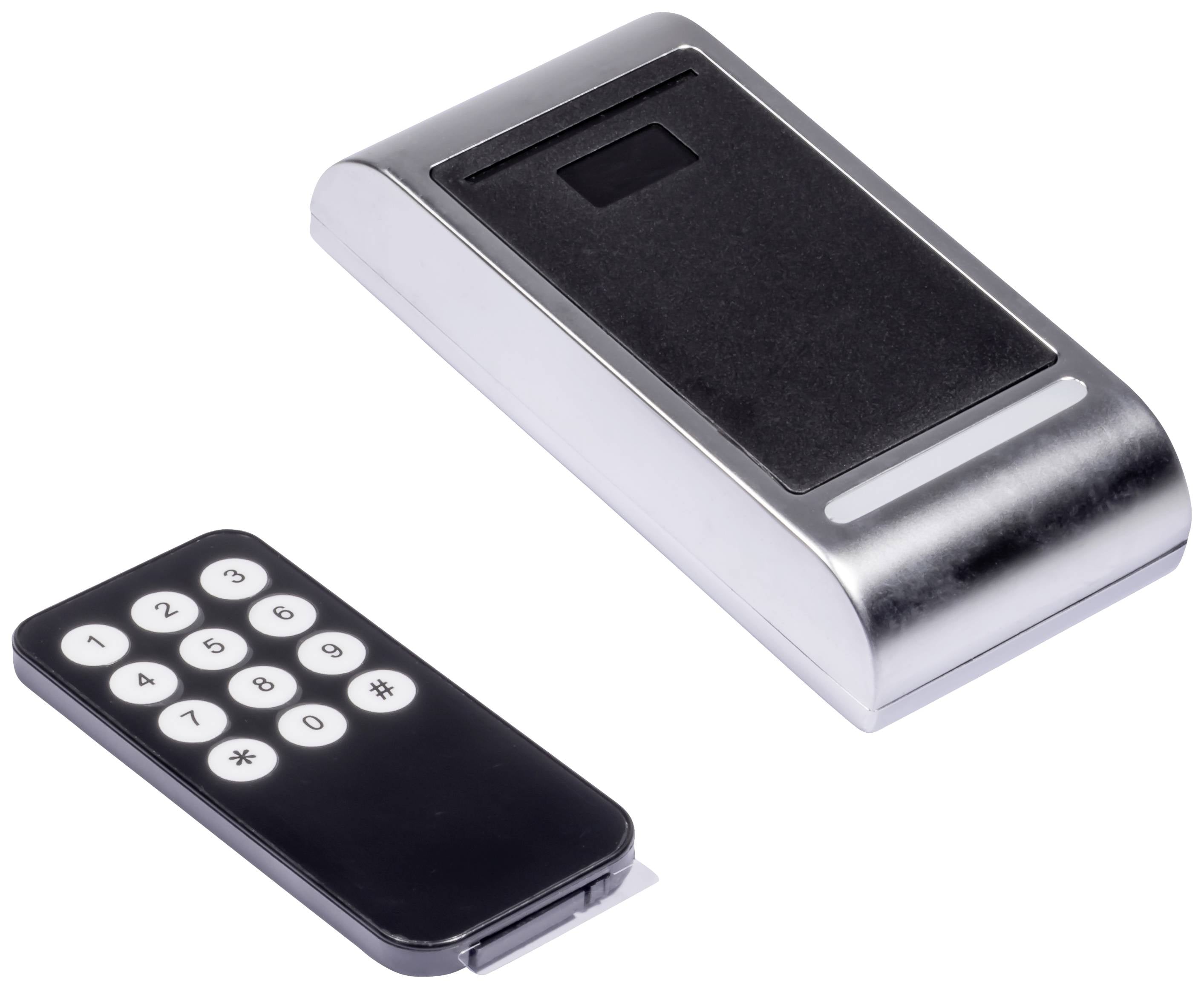 Télécommande noire avec touches numériques à côté d'un lecteur de cartes plat et argenté.