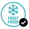 Symbole de flocon de neige bleu avec l'inscription 'Frost Proof'. Une coche indique qu'il est résistant au gel.