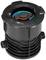 Un boîtier cylindrique noir en plastique avec une valve bleue et orange en haut, utilisant deux connexions latérales.
