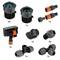 Différents connecteurs et accessoires d'irrigation pour tuyaux d'arrosage, incluant des raccords en T et des coupleurs en noir et orange.