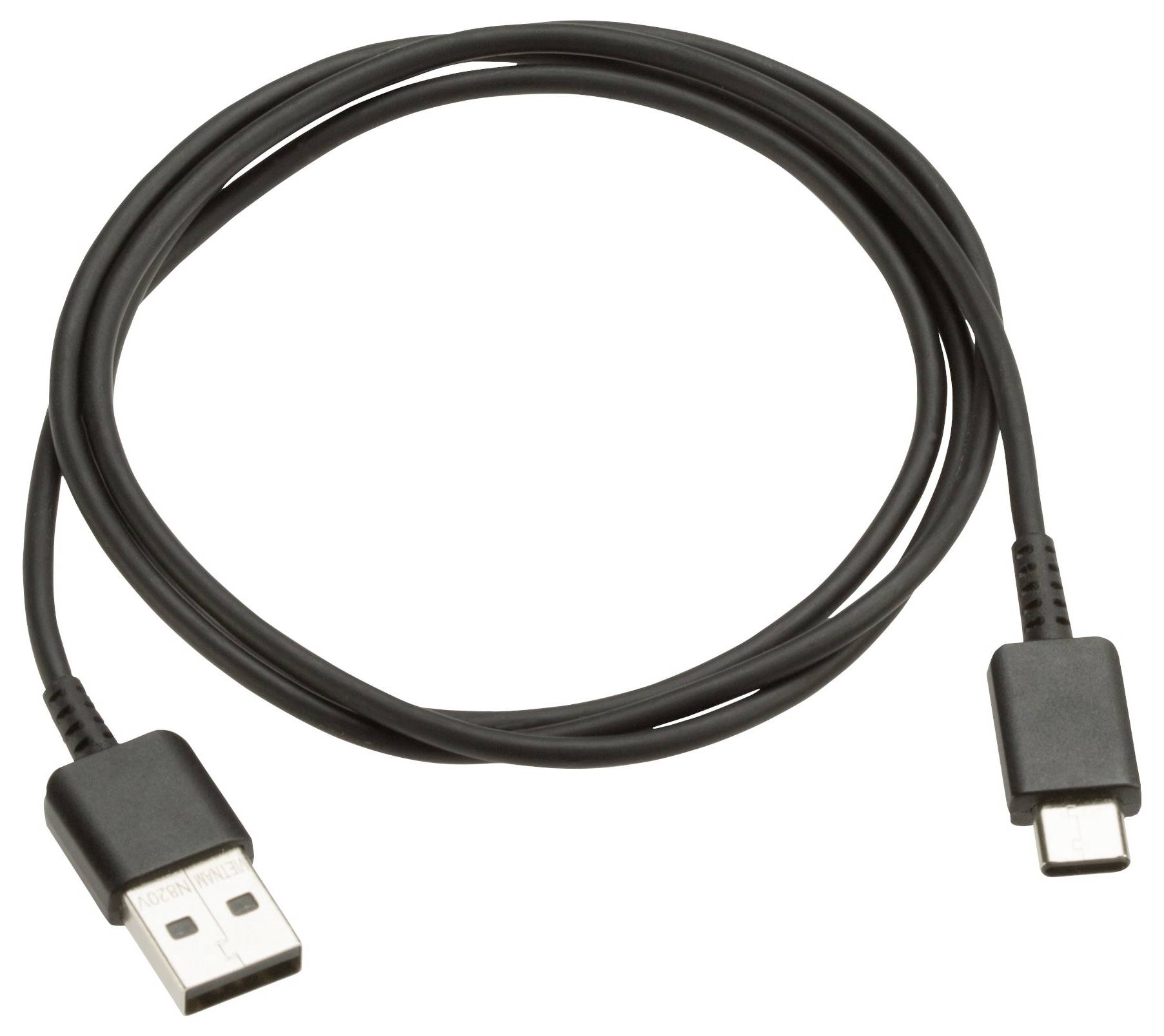 Un câble USB Type-C noir avec une extrémité connecteur USB-A et l'autre extrémité connecteur USB-C, enroulé en boucle, utilisé pour la recharge ou le transfert de données.