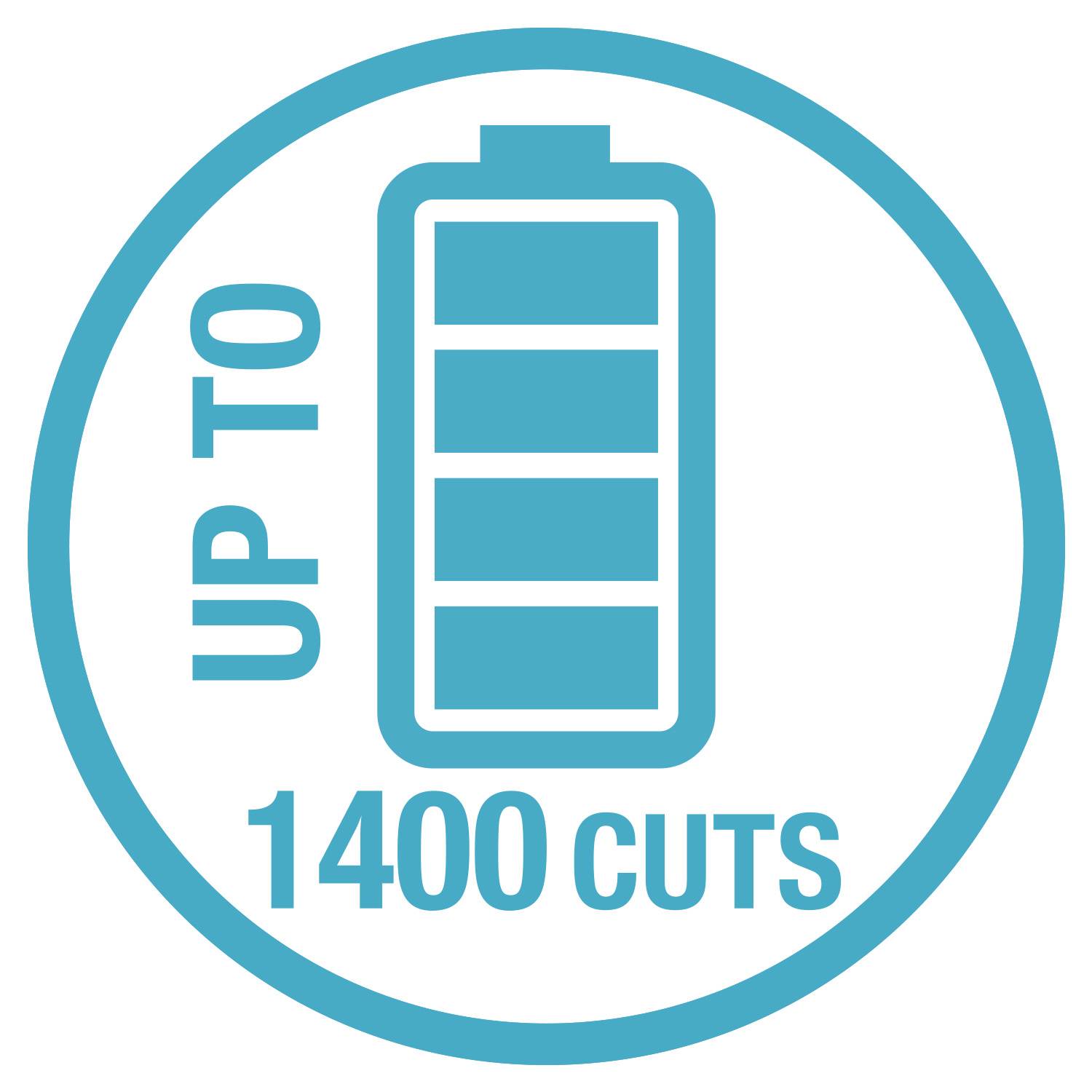 L'image montre un symbole avec une batterie et l'inscription « Jusqu'à 1400 coupes », ce qui représente une capacité de performance élevée.