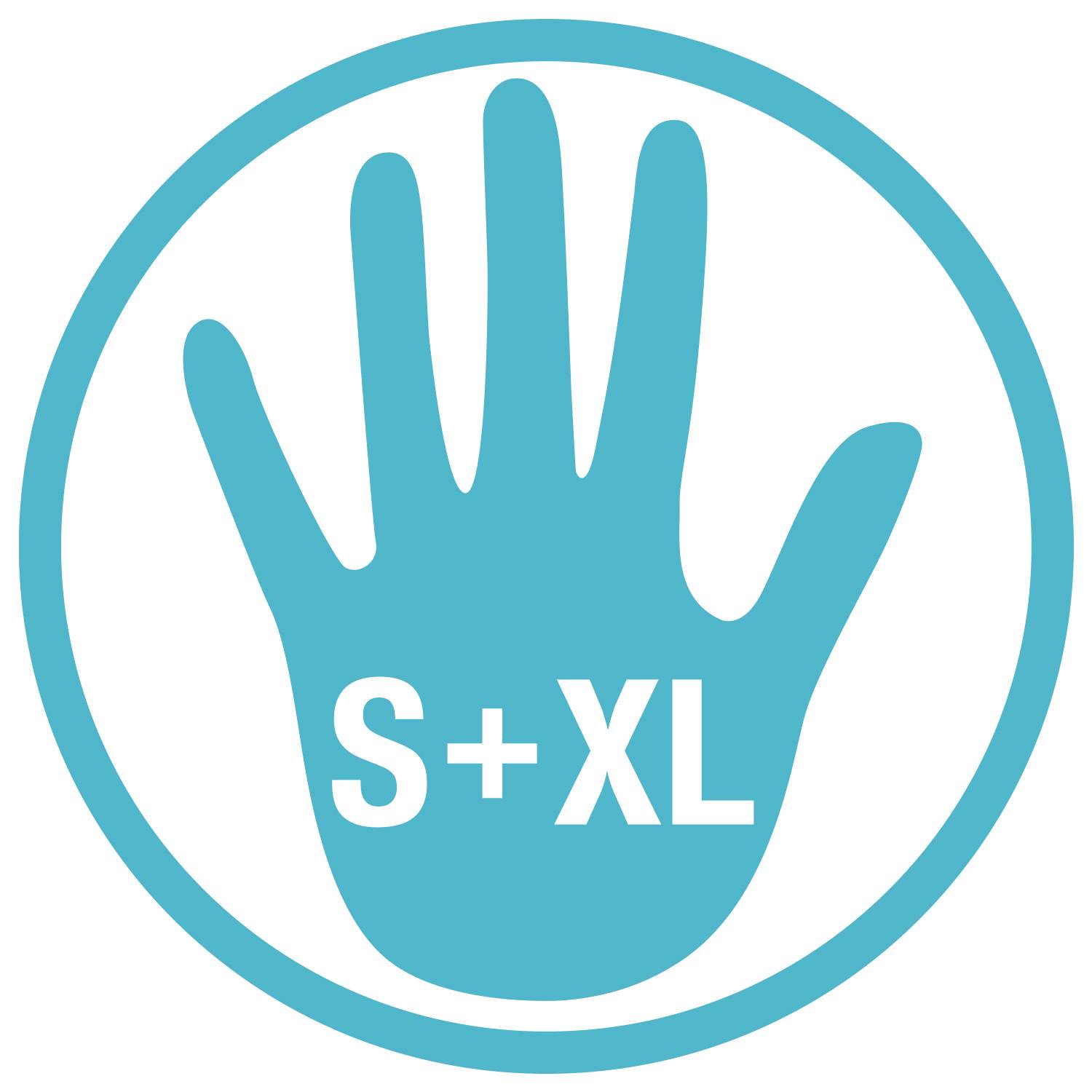 Une icône de main bleue avec les lettres 'S+XL' sur la paume, entourée d'un cercle.