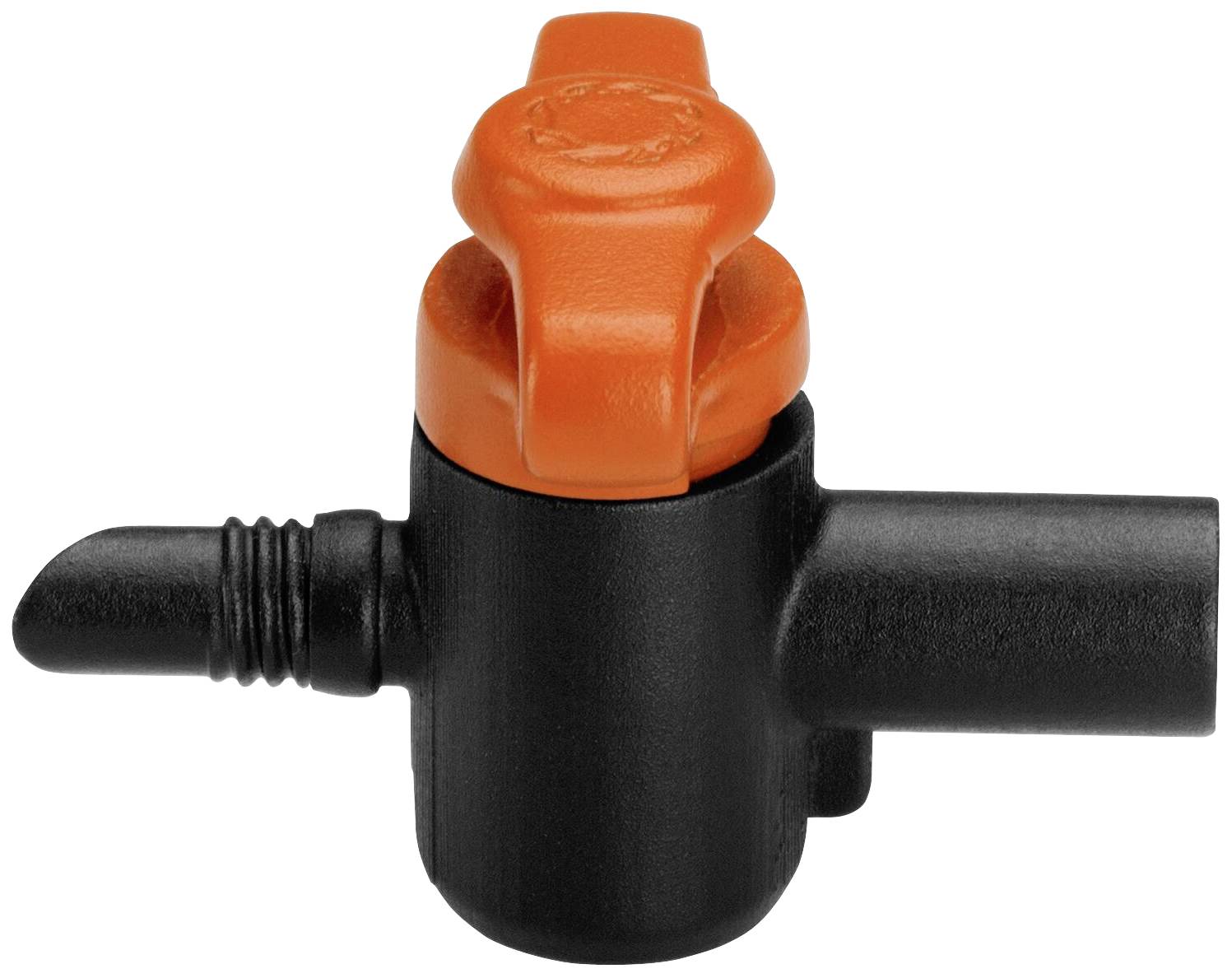 Une vanne en plastique noir avec un bouton de commande orange pour contrôler le flux de liquide dans les tuyaux.