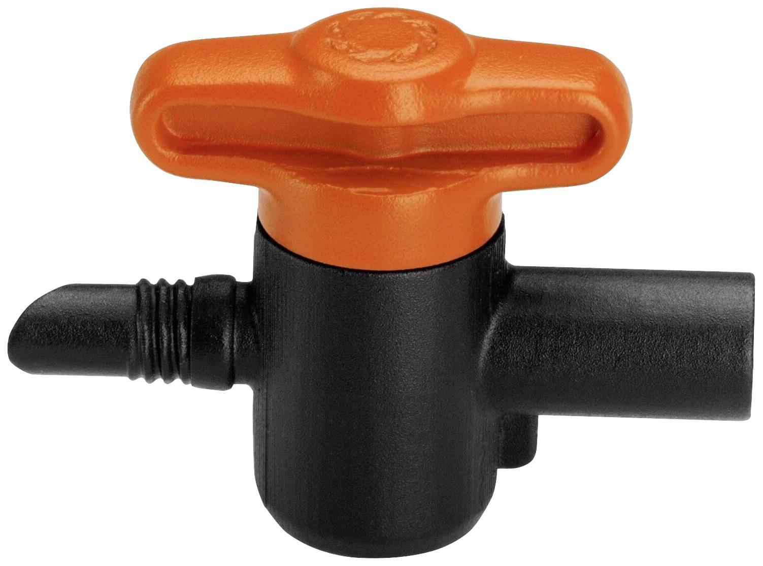 Une vanne rotative en plastique orange et noir, souvent utilisée dans les systèmes d'irrigation de jardin, présente une poignée en forme de T pour l'ouverture et la fermeture manuelle.