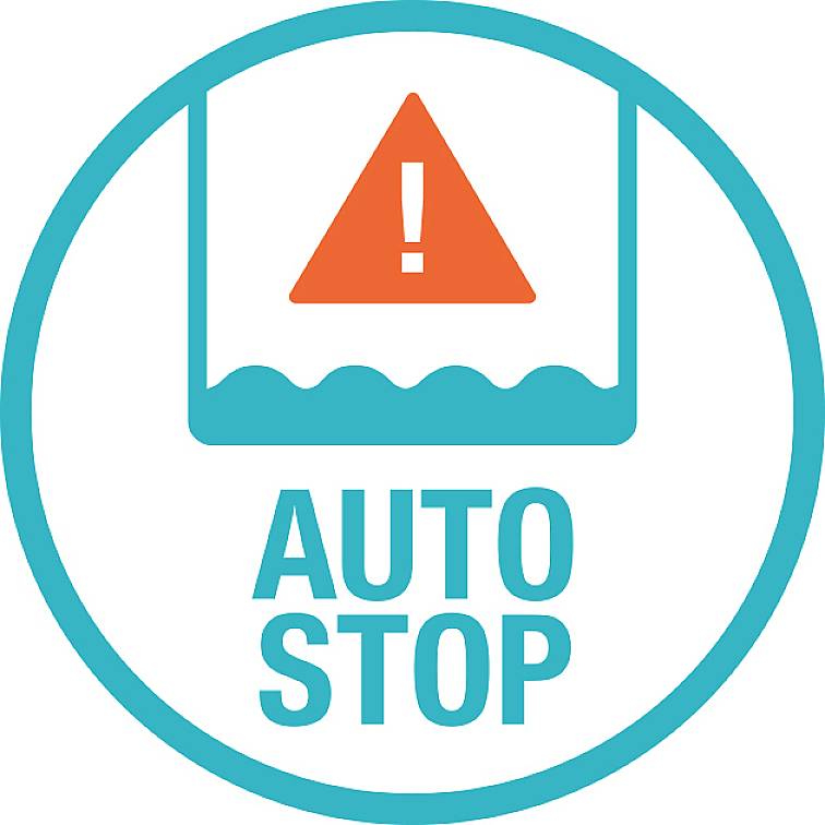 Un symbole rond avec un triangle d'avertissement orange et une goutte d'eau stylisée au-dessus. Texte 'AUTO STOP'.