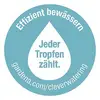 Autocollant rond avec une goutte d'eau et le texte 'Chaque goutte compte'. En haut, il est écrit 'Irrigation efficace', en bas 'gardena.com/cleverwatering'.