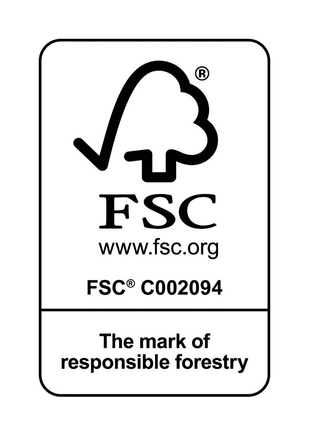 'Logo FSC avec site web 'www.fsc.org' et code 'FSC® C002094'. Texte : 'La marque d'une gestion forestière responsable'.'
