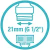 Symbole avec raccordement de robinet. Texte : '21 mm (G 1/2")'. Une flèche indique la possibilité de connexion avec un diamètre de 21 mm.