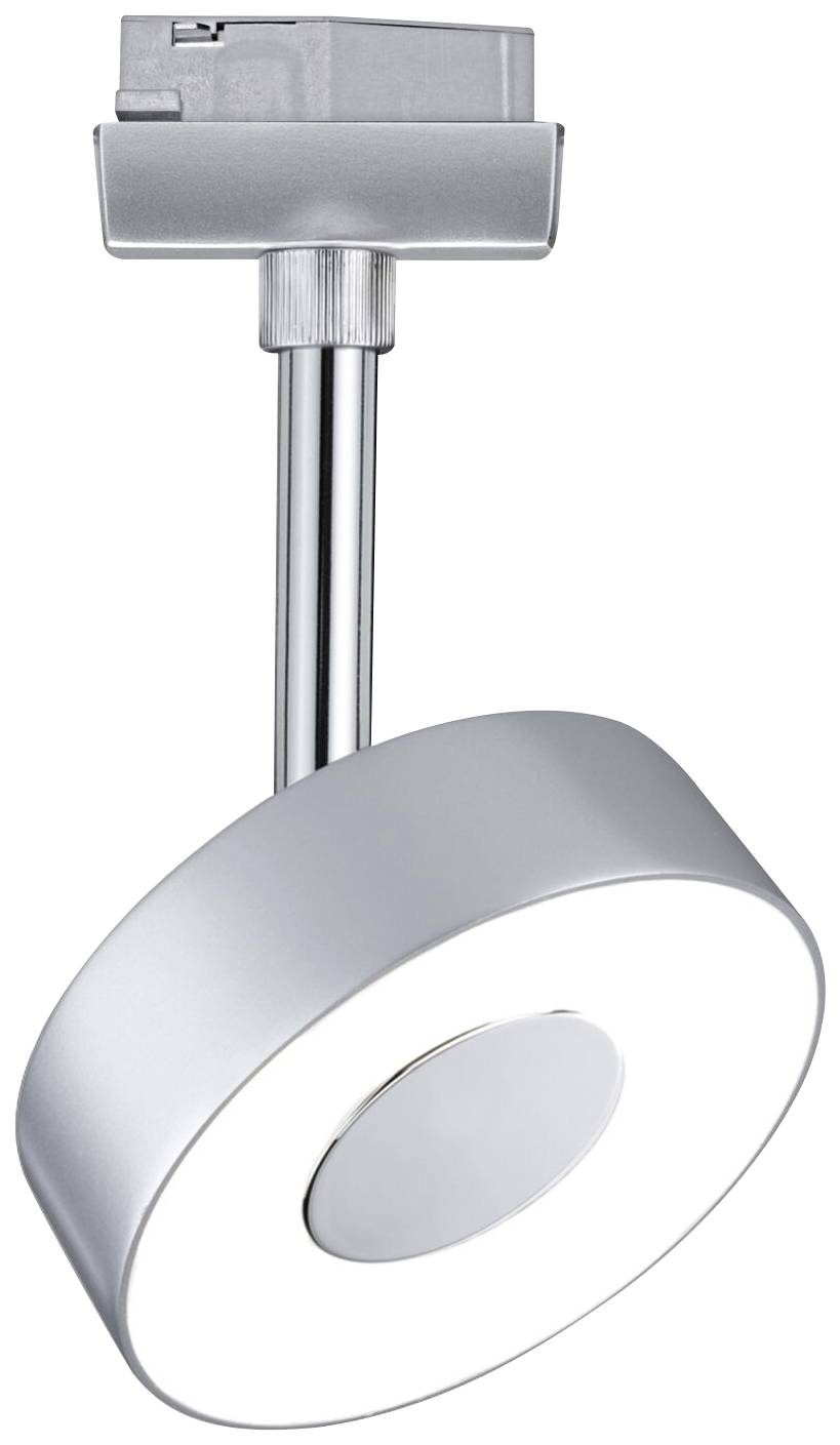 Spot de plafond LED argenté avec boîtier cylindrique et tête orientable, idéal pour l'éclairage d'accentuation.