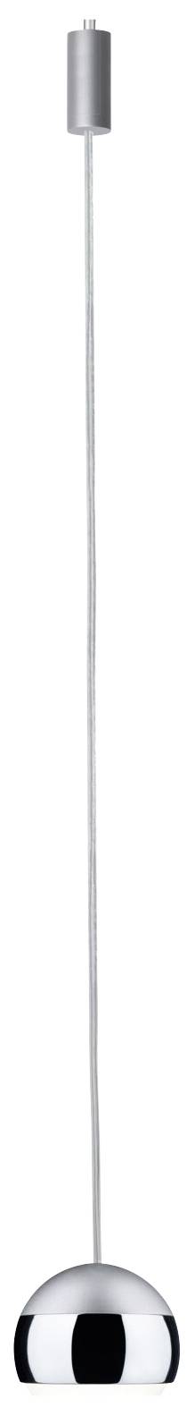 Suspension élégante, moderne et argentée avec un abat-jour rond brillant et un câble fin, adaptée à un aménagement intérieur minimaliste.