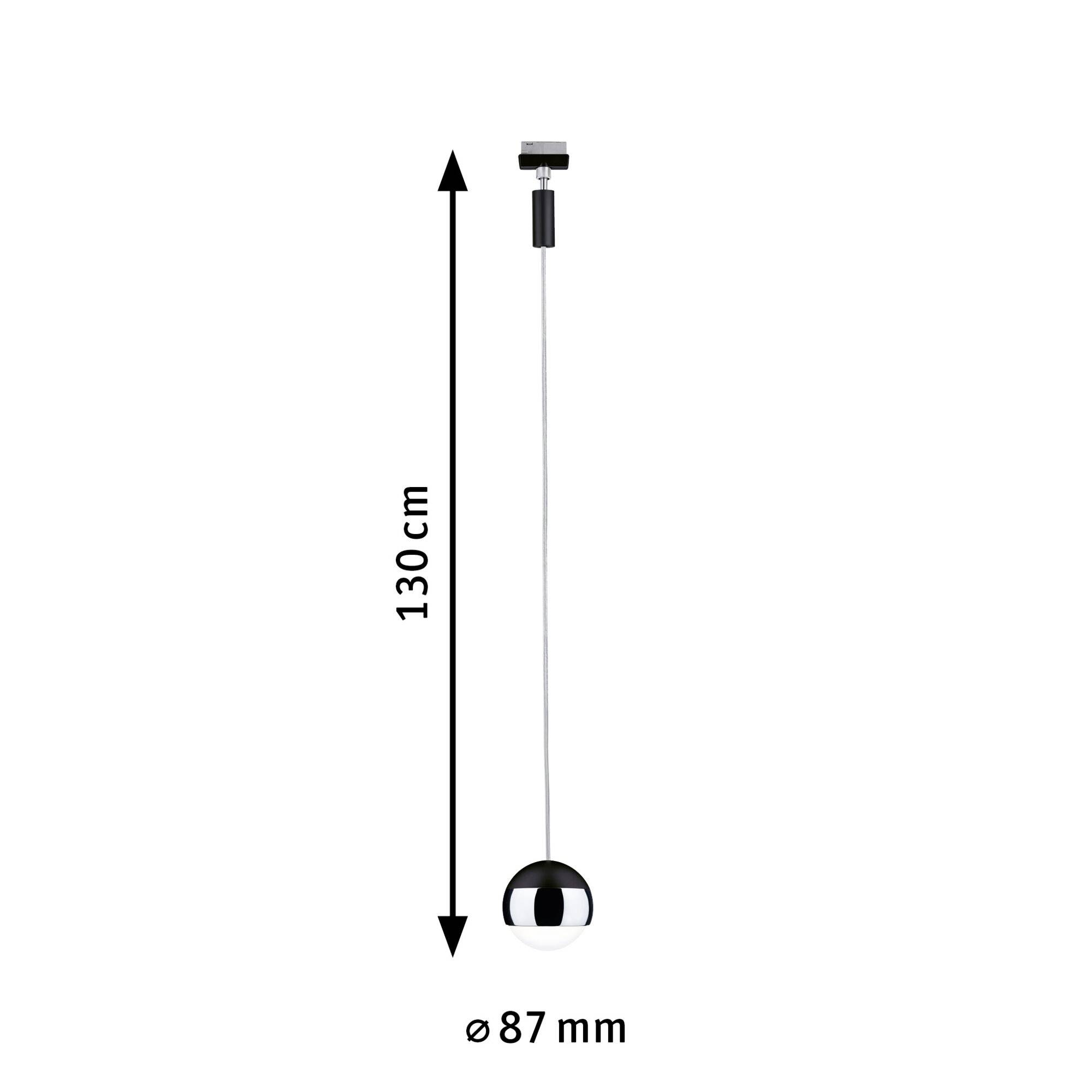 Suspension luminaire sphérique noir, hauteur 130 cm, diamètre 87 mm. Adapté pour un éclairage moderne et élégant.