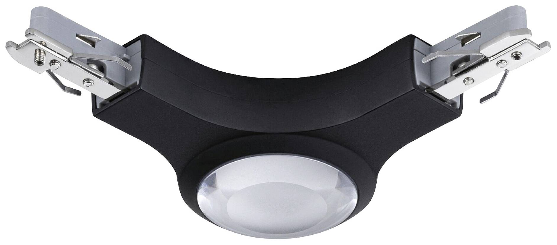Luminaire encastré avec boîtier noir et lentille transparente. Deux clips métalliques pour la fixation au plafond. Modèle pour éclairage intérieur.