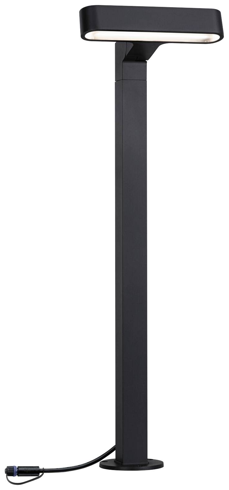 Une lampe sur pied noire avec un abat-jour rectangulaire moderne et un câble secteur, adaptée aux espaces intérieurs et extérieurs.