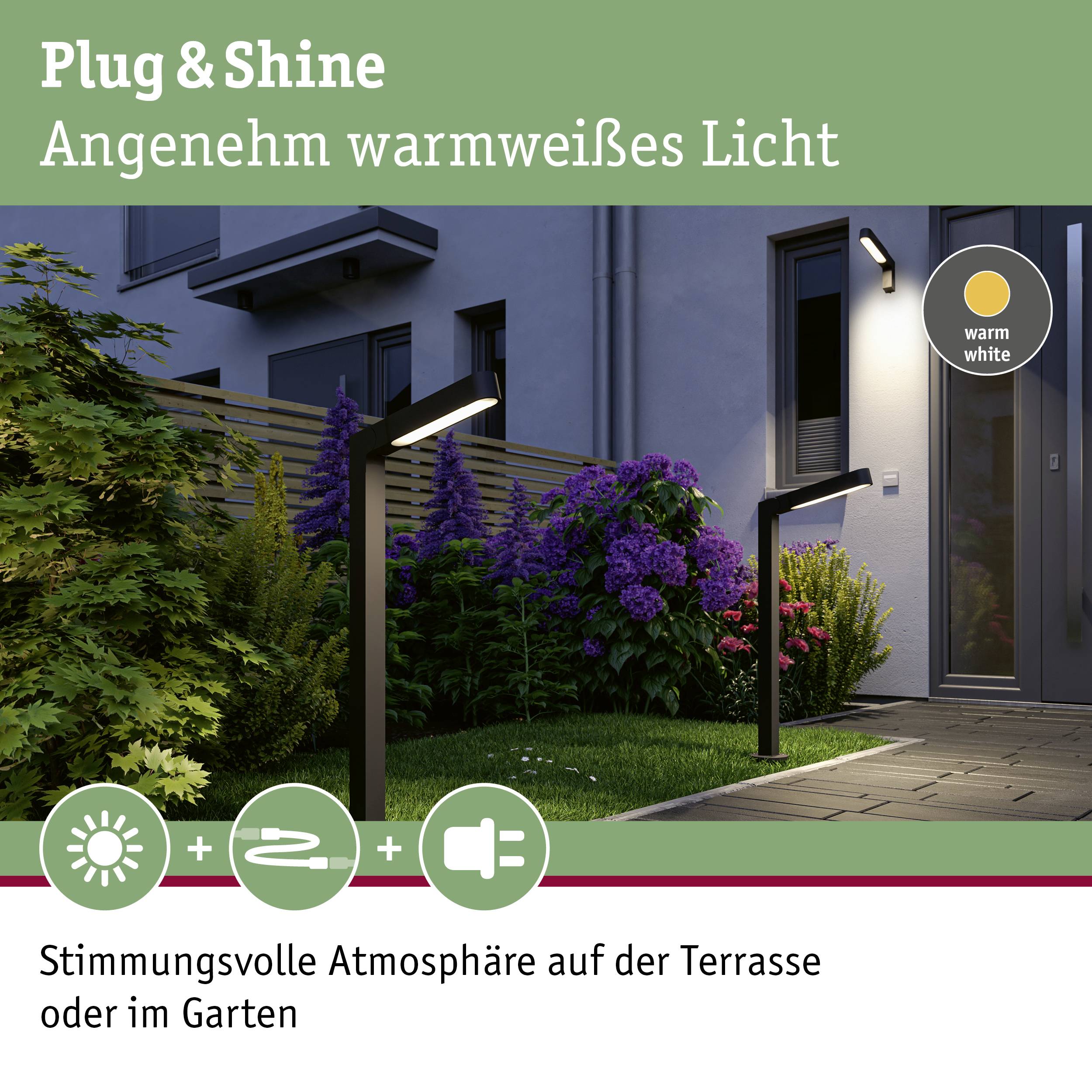 L'éclairage extérieur de la terrasse crée une 'lumière blanche chaude agréable'. Plantes en arrière-plan. Texte : 'Ambiance chaleureuse sur la terrasse ou dans le jardin'.