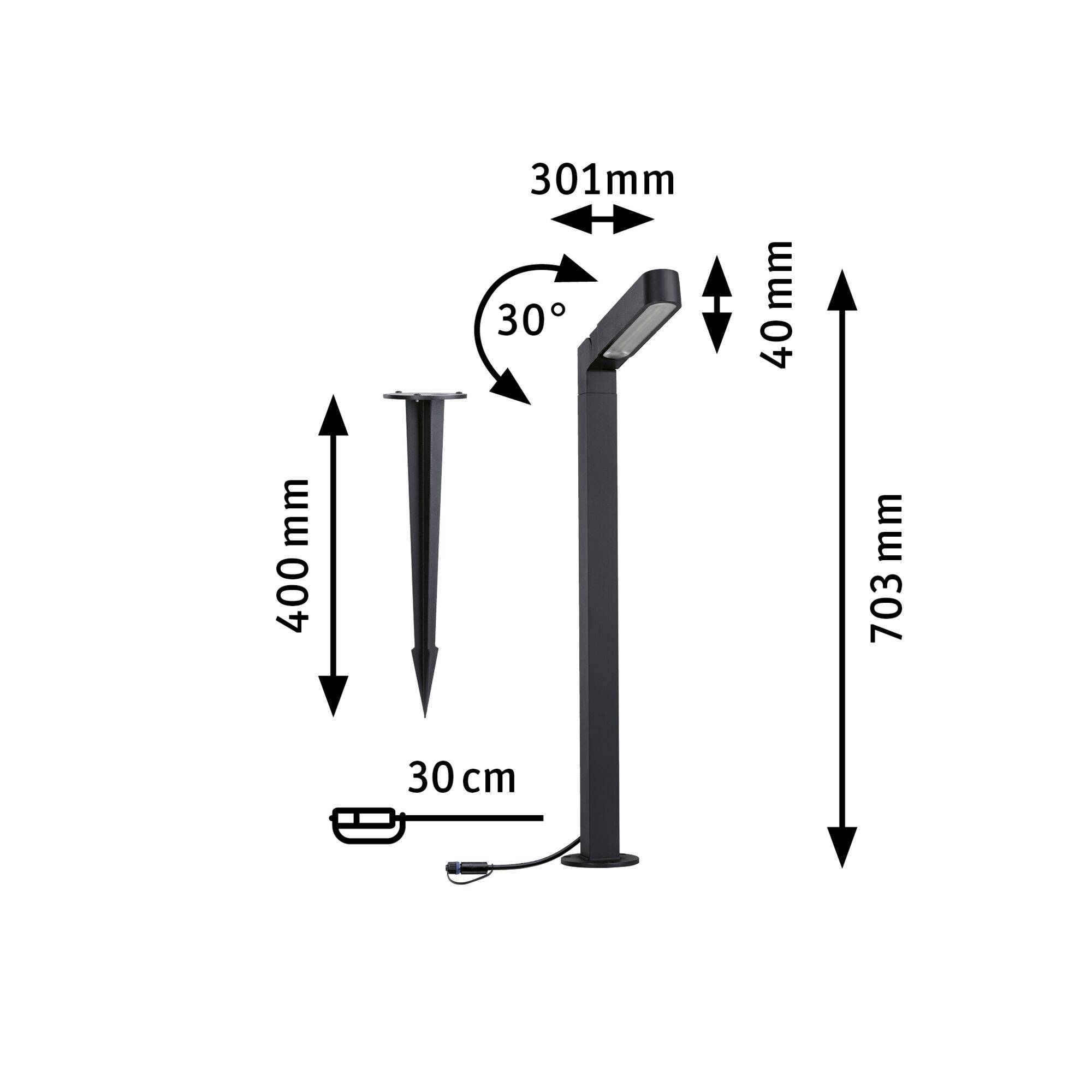 'Lampe de jardin solaire avec hauteur de support de 703 mm, saillie de 301 mm, inclinaison de 30°. Comprend un ancrage au sol de 400 mm de hauteur.'