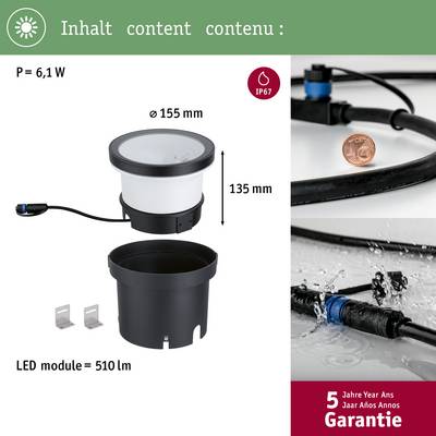 'Module LED de 135 mm de hauteur, 155 mm de diamètre, 510 lm, classe de protection IP67. Consommation énergétique de 6,1 W. Garantie de 5 ans.'