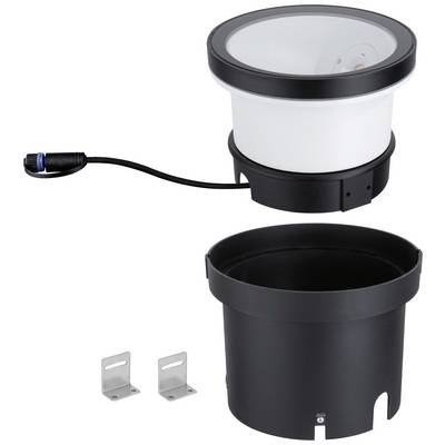 Un éclairage LED noir rond submersible avec boîtier de protection amovible, connexion par câble et deux clips de fixation.