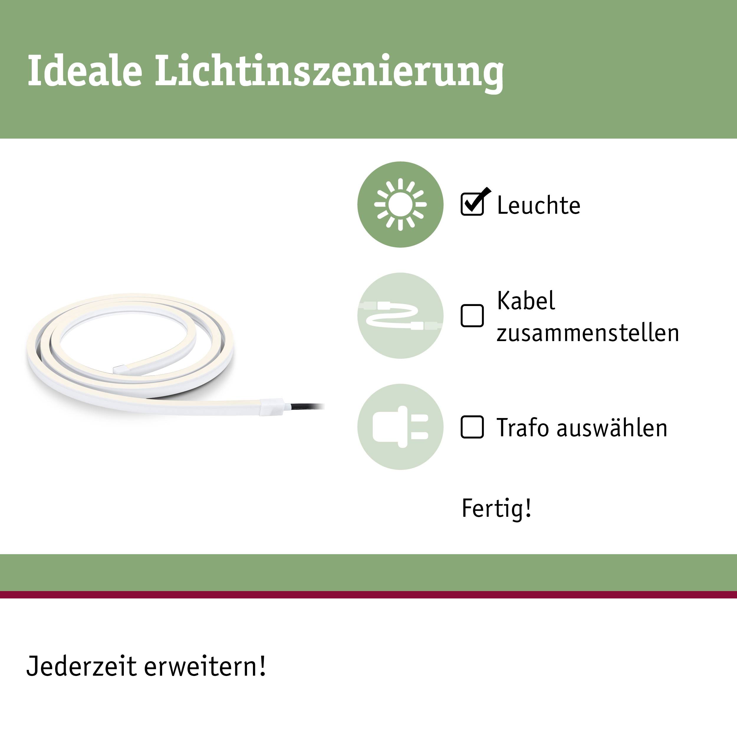 « Mise en scène lumineuse idéale » : L'illustration montre un luminaire, avec les étapes de raccordement du câble, sélection du transformateur ; Terminé !