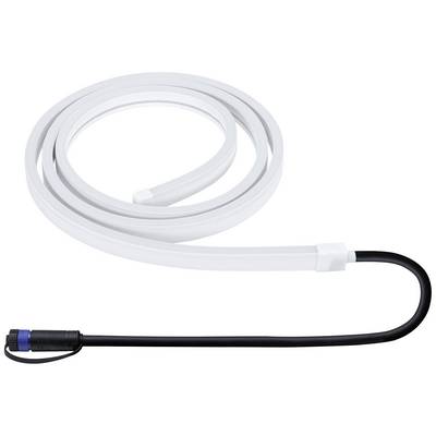 Une barre lumineuse LED blanche avec un câble noir et une prise bleue, enroulée et prête pour l'installation ou la décoration.