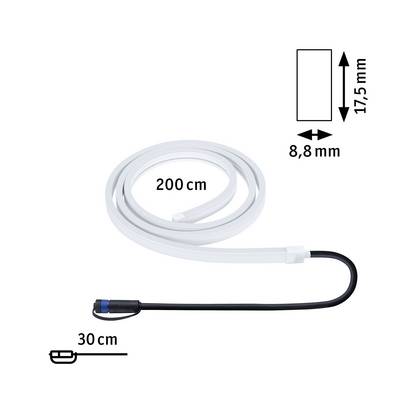 Bande LED blanche, longueur 200 cm, avec câble noir de 30 cm. Dimensions : 8,8 mm x 17,5 mm.