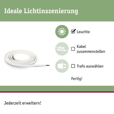 "Mise en scène lumineuse idéale" décrit une bande lumineuse qui est prête à être utilisée en assemblant des câbles et un transformateur.