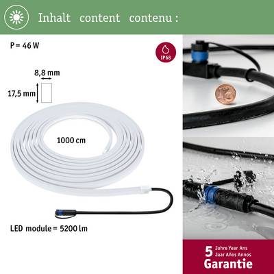 'Bande LED 1000 cm, 46 W, 5200 lm, IP68. Câble de connexion inclus, largeur 17,5 mm, hauteur 8,8 mm. 5 ans de garantie.'