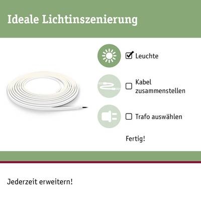 Scène lumineuse idéale : une bande LED avec des icônes représentant un luminaire, un câble et un transformateur. Texte : Choisir le luminaire, assembler le câble, sélectionner le transformateur, Terminé !