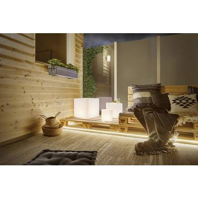 Terrasse confortable avec des murs en bois, un canapé en palette, des coussins, une couverture et des cubes lumineux. Des plantes et un tapis doux créent une atmosphère relaxante.