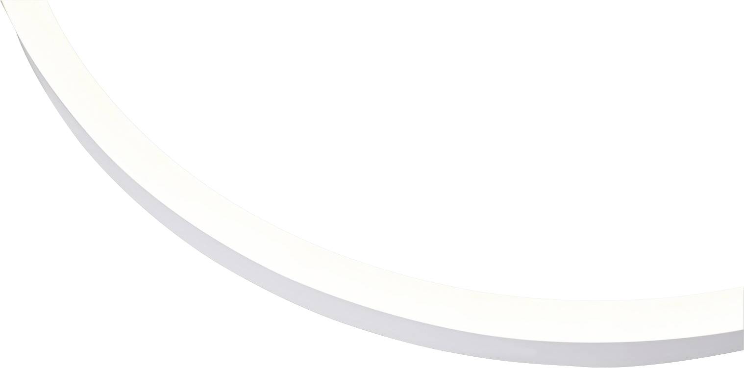 Bande lumineuse blanche et incurvée sur fond blanc, probablement un élément d'un design de lampe contemporain.
