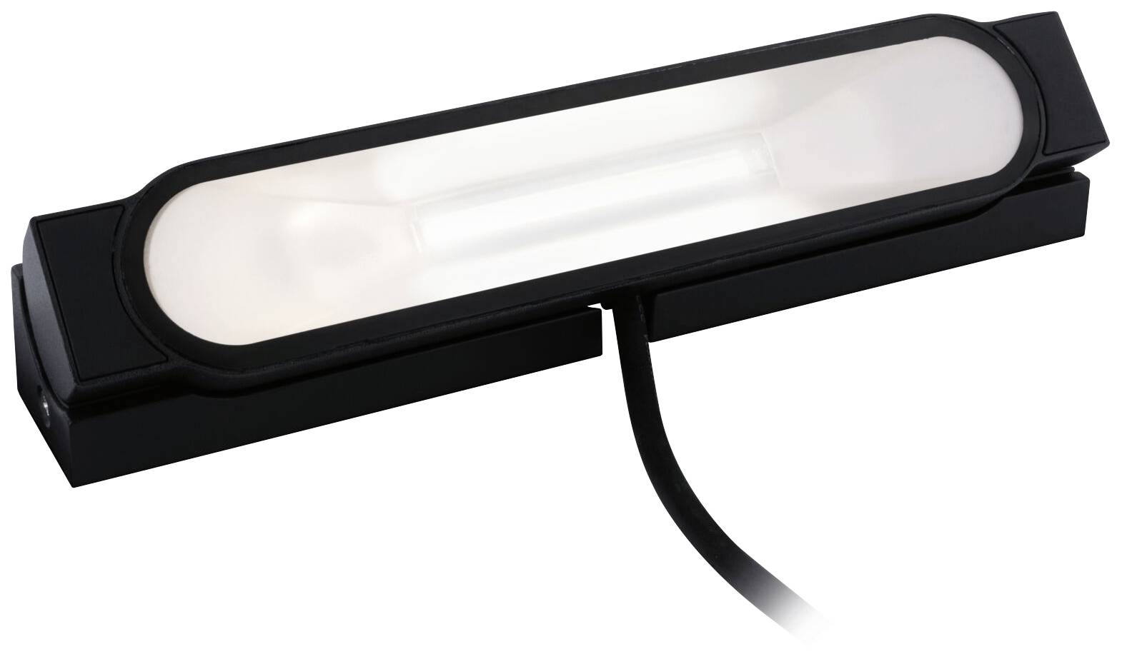 Un corps lumineux LED rectangulaire noir avec une zone centrale lumineuse et un câble d'alimentation sur le côté, adapté aux applications industrielles.