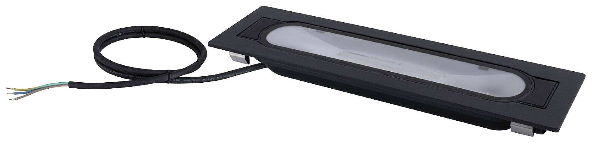 Un projecteur encastrable rectangulaire noir avec un câble et des fils apparents à une extrémité. Adapté pour les installations dissimulées.