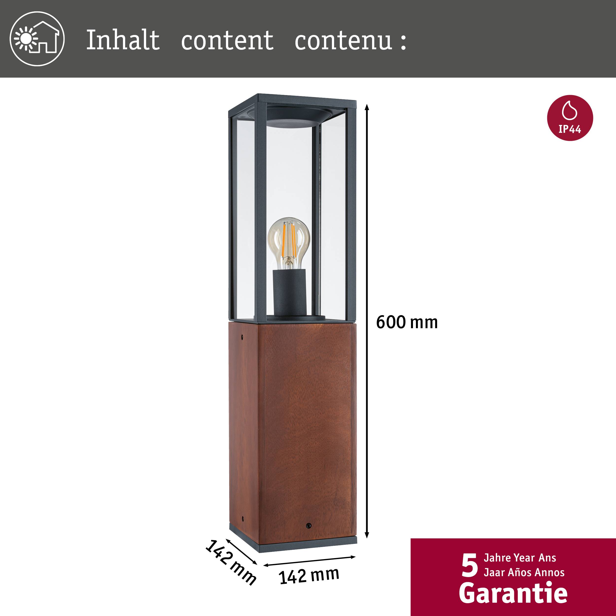 Lampe décorative d'extérieur avec ampoule Edison. Hauteur 600 mm, largeur 142 mm, indice de protection IP44. Garantie de 5 ans.