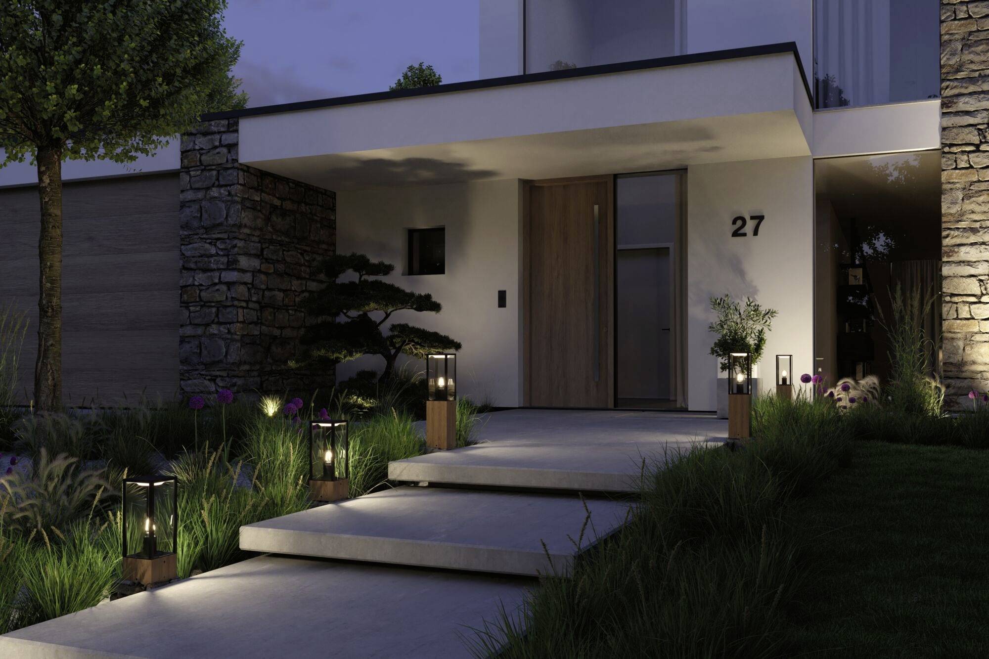 Entrée d'une maison moderne au crépuscule, éclairée par des lampadaires le long d'un chemin pavé, le numéro 27 bien visible.