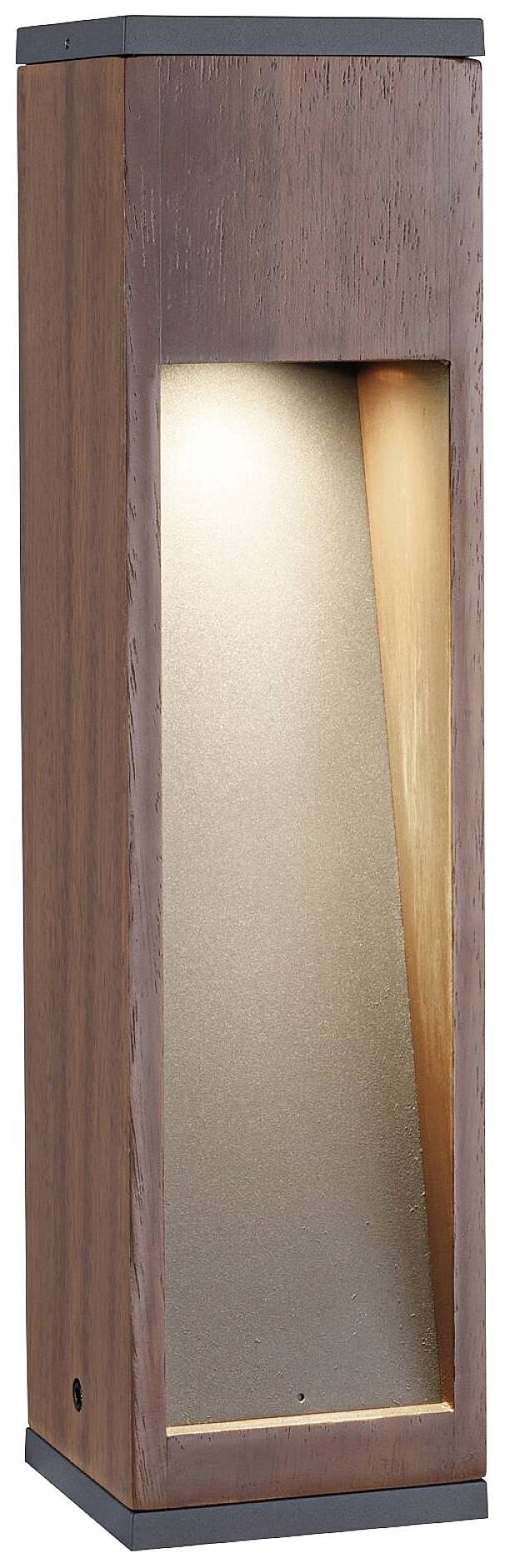 Applique murale avec aspect bois et design rectangulaire vertical. La lumière émane d'une découpe étroite centrale.