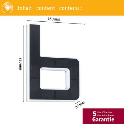 Gabarit de type 'b', 230x160x32mm, avec 5 ans de garantie. Zone de texte multilingue en haut : 'Contenu content inhalt'.